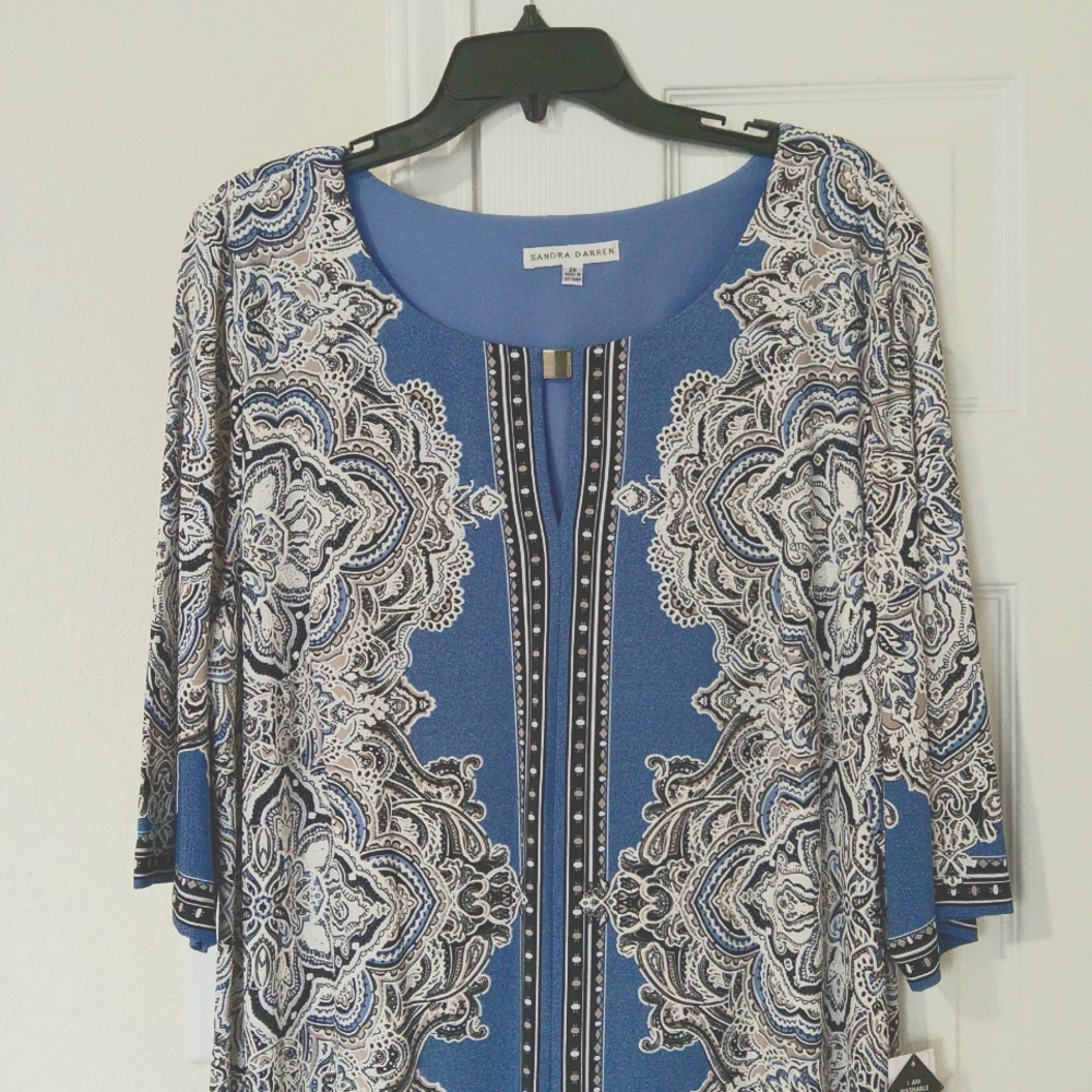 Sandra Darren blue nvy ivy keyhole round neck 3/4 sleeve shift dress Size 2X - Picture 3 of 7